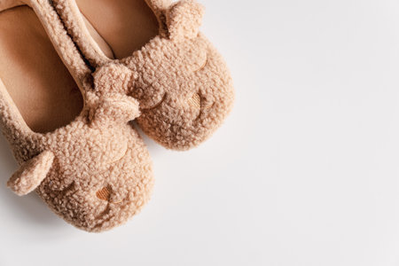 Beige warm teddy bear slippers. Top view. Copy spaceの写真素材
