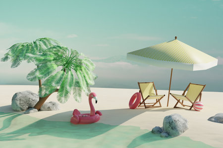Empty summer tropical beach with coconut palms, beach chairs, umbrella and sun accessories. Summer travel concept. 3d render. Front viewの写真素材