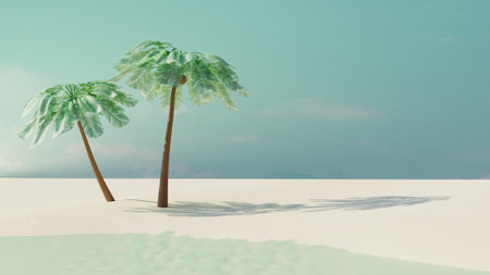 Empty summer tropical beach with coconut palms. Summer travel concept. 3d render. Front viewの写真素材