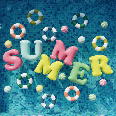 Swimming pool with balls, swim rings and summer letters. Summer swimming pool party. 3d render. Top...