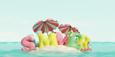 Tropical island with Summer text, beach umbrellas and sun accessories in ocean. Summer travel...
