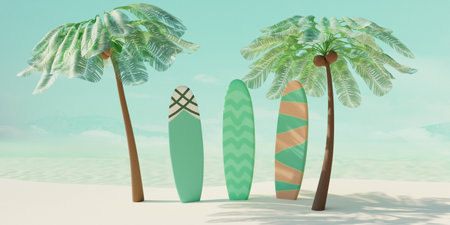 Summer tropical beach with coconut palms and surfboard on sand. Summer travel concept. 3d render