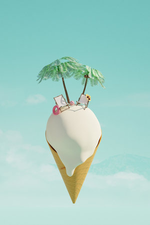 Summer tropical beach on ice cream. Beach chairs, umbrellas, palms and rubber flamingo on sand. Summer travel and food concept. 3d renderの写真素材