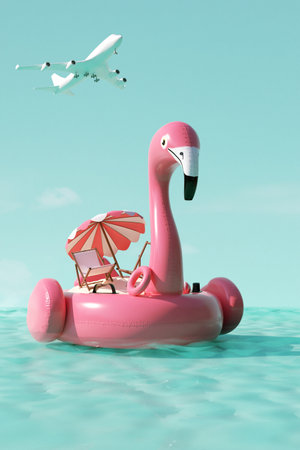 Summer tropical island with beach chairs, umbrellas and sun accessories on pink rubber flamingo in...