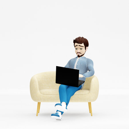 Cartoon young man sitting on sofa and using laptop. Distance work, study and communication concept. 3d renderの写真素材