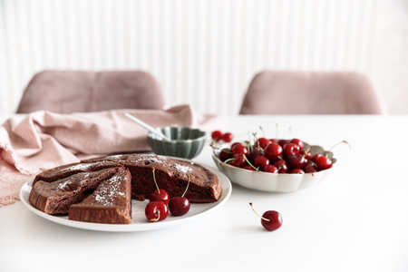 Tasty cherry pie on white table. Summer food concept. Soft focus