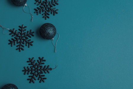 Blue Christmas background with blue balls end snowflakes. Christmas and Happy New Year celebration conceptの写真素材