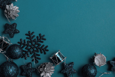 Blue Christmas background with blue stars, balls end different xmas toys. Christmas and Happy New Year celebration conceptの写真素材