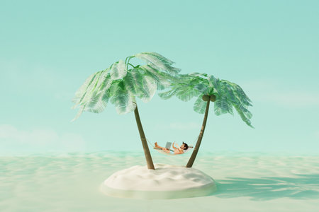 Young happy man lying in hammock and holding smartphone on beach of island. Summer travel concept. 3d renderの写真素材