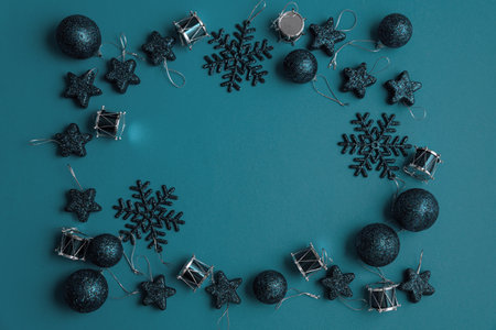 Blue Christmas background with blue stars, balls end different xmas toys. Christmas and Happy New Year celebration conceptの写真素材