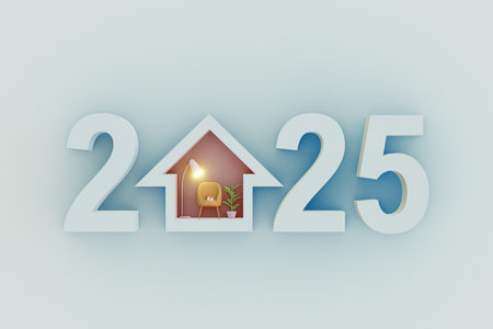 Creative 2025 New Year Concept with House Illustration. 3d renderの写真素材