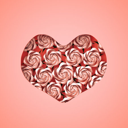 Paper Cut Out Happy Valentines Day Illustration with heart shape frame and rose blooms. 3d render