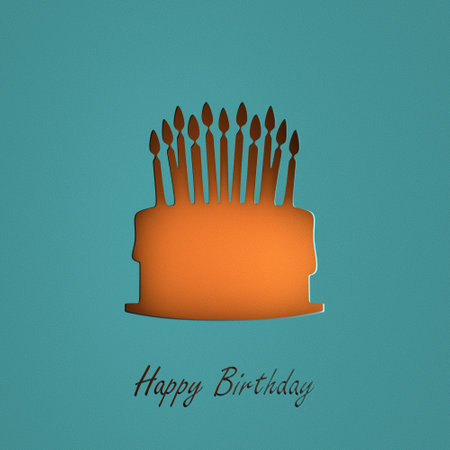 Birthday greeting text with cut out birthday cake with candles on blue background. 3d renderの写真素材