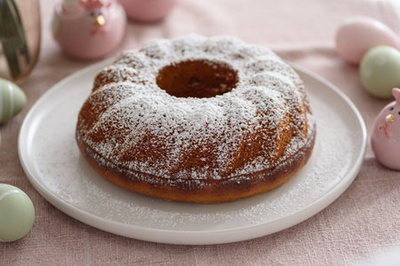 Traditional easter cakes with icing on white wooden table