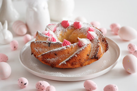 Traditional Easter cakes with icing decorated candies on white wooden table