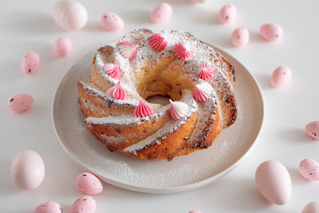 Traditional Easter cakes with icing decorated candies on white wooden table