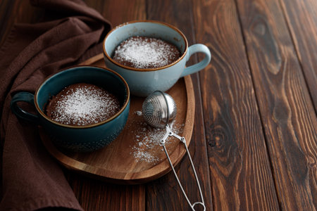 Two chocolate mug cake under sugar icing on dark wooden table. Easy homemade dessert. Mugcake from...