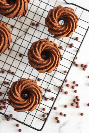 Mini chocolate bundt cakes on a cooling rack. Top viewの写真素材