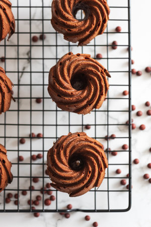 Mini chocolate bundt cakes on a cooling rack. Top viewの写真素材
