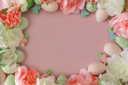 Easter eggs and spring flowers on pastel background. Top view