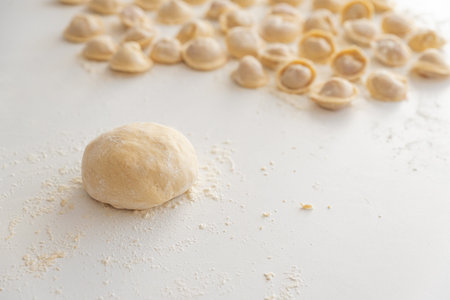 Raw homemade dumplings dusted with flour.の写真素材