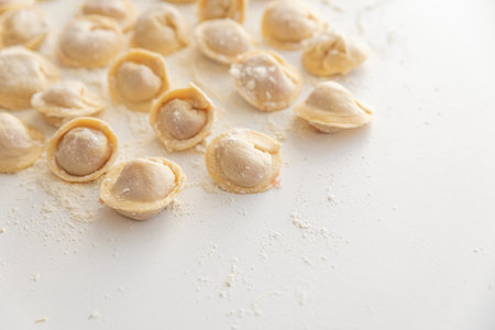 Raw homemade dumplings dusted with flour.の写真素材