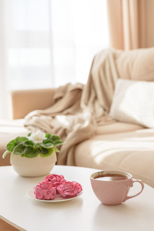 Pink flower marshmallows and tea on a coffee table with a cozy couch. Soft focusの写真素材