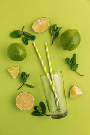 Preparing lemonade. Limes, mint leaves, straws, and a glass on a vibrant green background.の写真素材