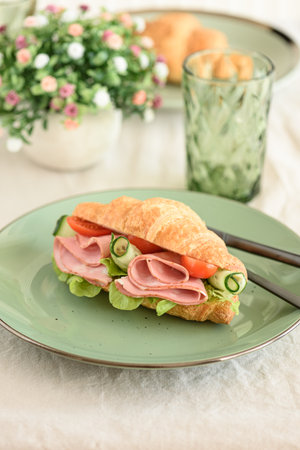 Ham and Cheese Croissant Sandwich. Healthy breakfast. Close-upの写真素材