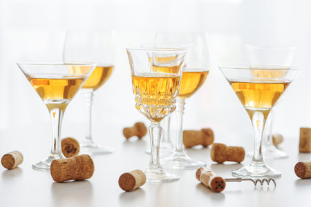 Set of glasses of yellow wine at wine tastingの写真素材