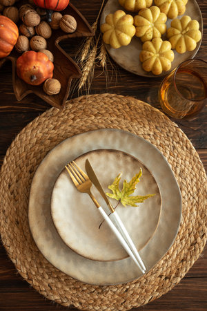 Vertical Rustic Fall Table Setting with Pumpkins and Harvest Decorの写真素材