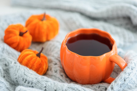 Autumnal tea set with pumpkin decor on a cozy knitted blanket.の写真素材