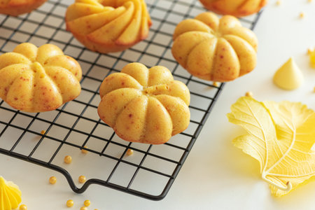 Autumn-Themed Mini pumpkin Cakes with Seasonal Decorations on White Background