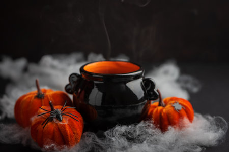 Halloween Candle in Cauldron with Pumpkins and Fog