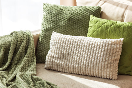 Textured Pillows and Blanket on Cozy Beige Sofa