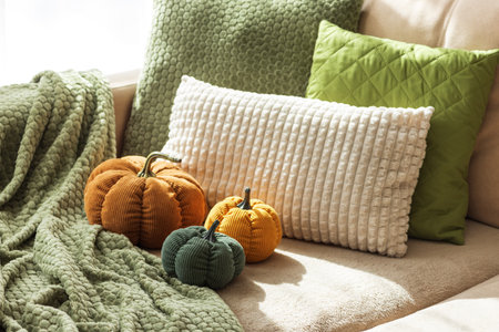 Cozy Autumn Sofa with Fabric Pumpkins and Textured Pillowsの写真素材