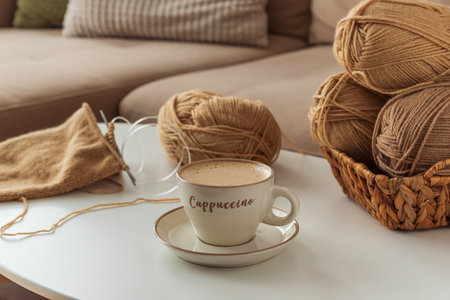 Knitting Project with Cup of Cappuccino on White Table in Cozy Setting