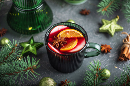Holiday Mulled Wine with Orange and Apple in Green Mug Surrounded by Christmas Decor