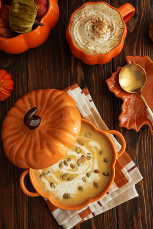 Autumnal lunch with pumpkin soup in a pumpkin-shaped bowl, pumpkin latte, croutons and festive decor on dark wooden tableの写真素材