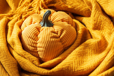 Corduroy Fabric Pumpkin on Cozy Blanket in Autumn Settingの写真素材