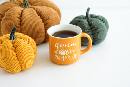 Autumnal mug surrounded by decorative pumpkins.の写真素材