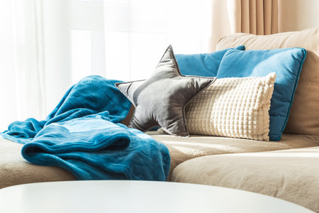 Cozy Living Room with Coffee Table, Cushions, Blanket and Sunlight on Sofaの写真素材