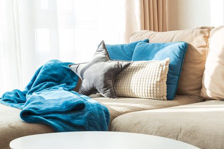 Festive Living Room with Coffee Table, Cushions, Blue Blanket, and Natural  Sun Lightの写真素材