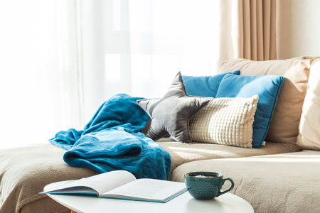 Festive Living Room with Cushions, Blue Blanket, Mug, and Open Bookの写真素材