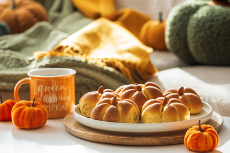 Autumn Table Setting with Pumpkin-Shaped buns with Cinnamon, Apples, Pumpkins, and Cozy Decorの写真素材