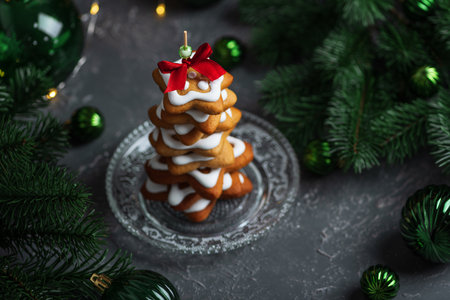 Christmas Tree Cookie Stack with Icing and Ornamentsの写真素材