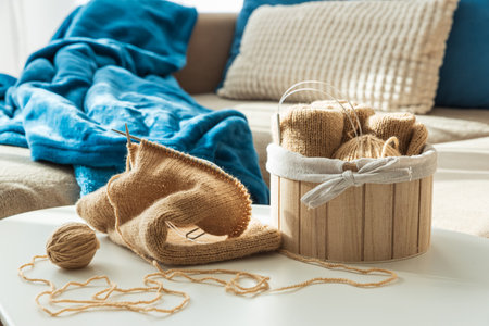 Knitting Setup with Yarn Basket and Cozy Couch in Sunlight