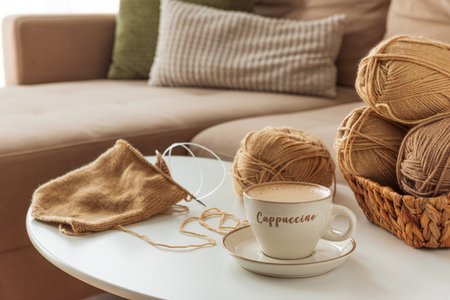 Cozy Living Room with Yarn, Pillows and Cup of Cappuccino on White Tableの写真素材