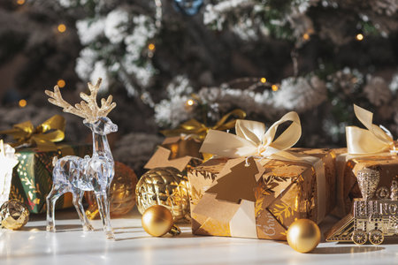 Crystal Reindeer with Gold Antlers and Christmas Gifts in Festive Interior