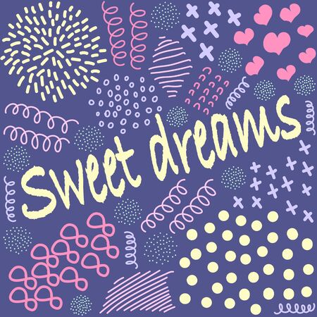 Hand-drawn blue illustration and text sweet dreams. A positive mind vibrates with a quote of life for today and an element of Doodle style. Creative ink artwork. Actual vector drawing of a good day. Vector calligraphic, EPS 10.のイラスト素材